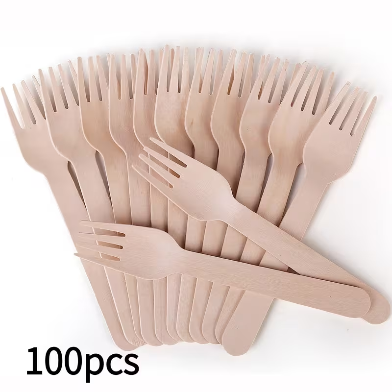 100pcs Wooden Forks • Disposable Wooden Forks • Suitable for Parties, Camping, Weddings